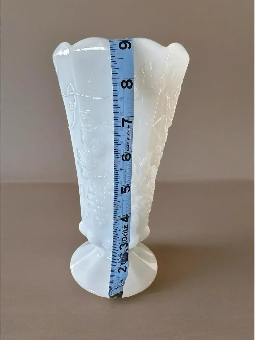 Vtg Pedestal Scalloped Edge Milk Glass Paneled Vase Grapes Motif, 10” Tall